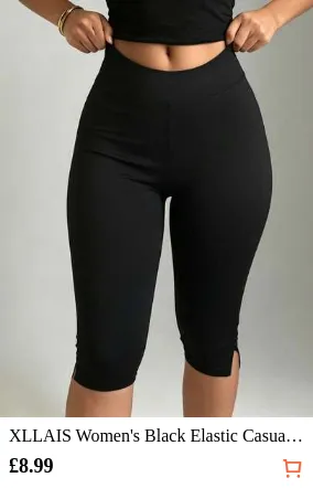 XLLAIS Women's Black Elastic Casual Sports Fitness Pants With Split Hem, Capri Length Summer, Athleisure