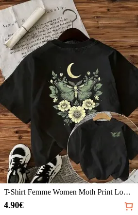 T-Shirt Femme Women Moth Print Loose Fit Casual T Shirt Streetwear Femme