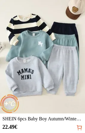 SHEIN 6pcs Baby Boy Autumn/Winter Cute Casual Knitted Printed Pattern Long Sleeve Sweatshirt & Pants Set, Multi-Color Basic Sweatshirt Multi-Piece Set, Tracksuit Boy Joggers, Infant Boy Autumn/Winter Sportswear Set