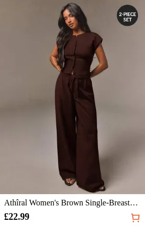 Athîral Women's Brown Single-Breasted Sleeveless Knit Top And Pants 2pcs Set For Summer Fall Holiday Airport Lounge Commute Outfit, Casual Set, Going Out