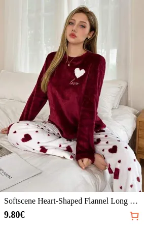 Softscene Heart-Shaped Flannel Long Sleeve Top & Pants Fluffy Pajama Set For Warmth Cozy And Elegant Details, Fall Winter Clothes