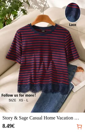 Story & Sage Casual Home Vacation Women's T-Shirt Spring Summer Loose Striped T-Shirt Lace Trim Patchwork T-Shirt Short Sleeve T-Shirt