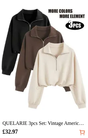 QUELARIE 3pcs Set: Vintage American Style Half-Zip Solid Color Drawstring Hem Sweatshirt