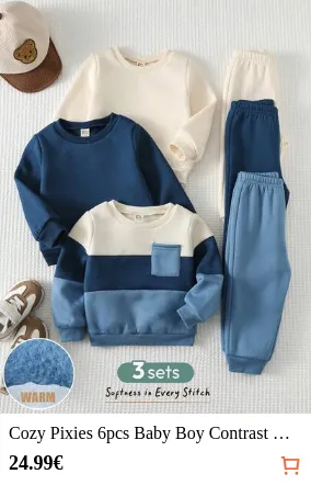 Cozy Pixies 6pcs Baby Boy Contrast Color Knit Soft Crew Neck Long Sleeve Pullover Sweatshirt & Elastic Waist Pants Set
