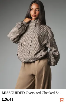 MISSGUIDED Oversized Checked Stand Collar Zip-Up Jacket With Balloon Sleeves And Button Cuff Detail For Fall Winter Layering