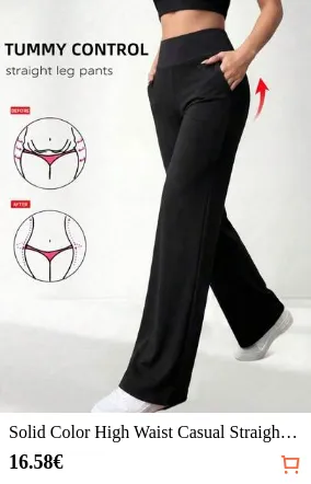 Solid Color High Waist Casual Straight Leg Stretch Pants With Pockets Black