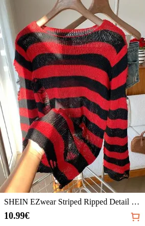 SHEIN EZwear Striped Ripped Detail Sweater,Long Sleeve Tops,Knitted Sweater In Fall/Winter